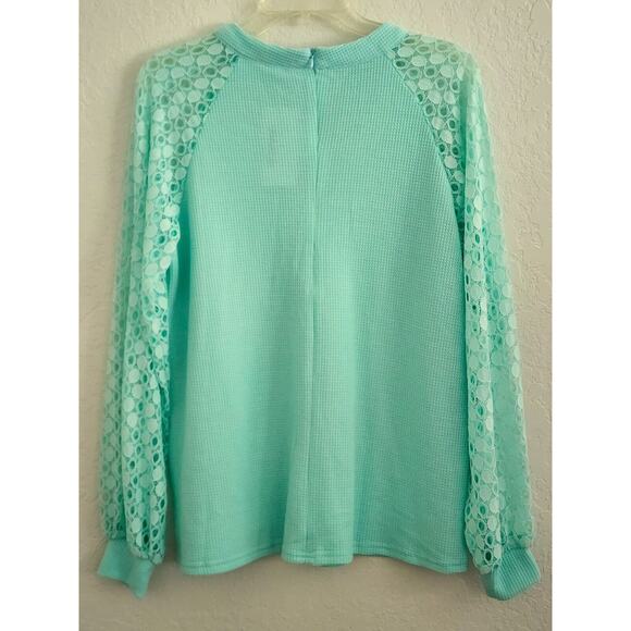 TOP-MIHOLL-Waffle Material-Lace Sleeves-Long Sleeves-Mint Green-Size Large - Picture 4 of 16